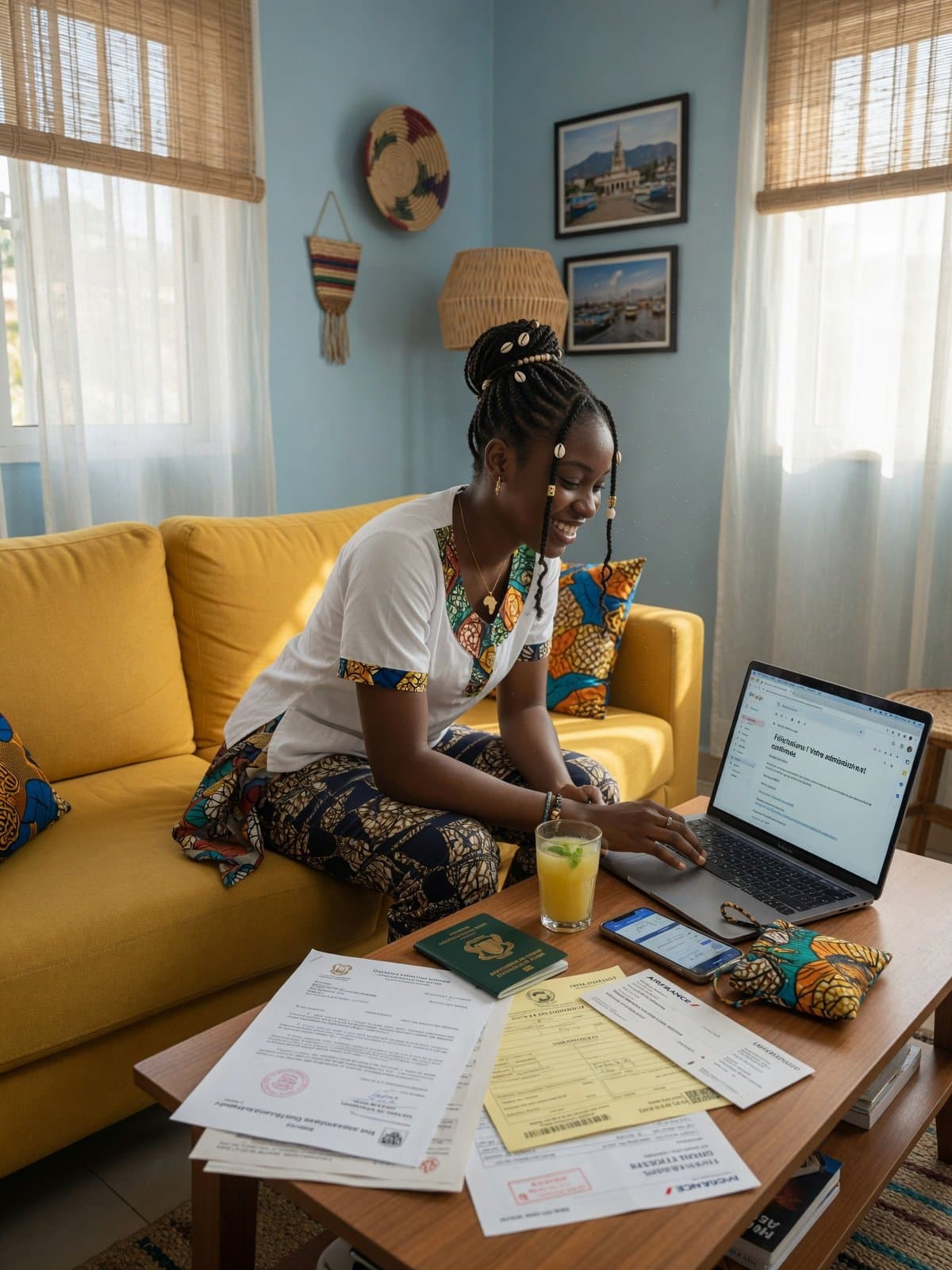 Étudiante guinéenne préparant sa procédure en ligne depuis chez elle